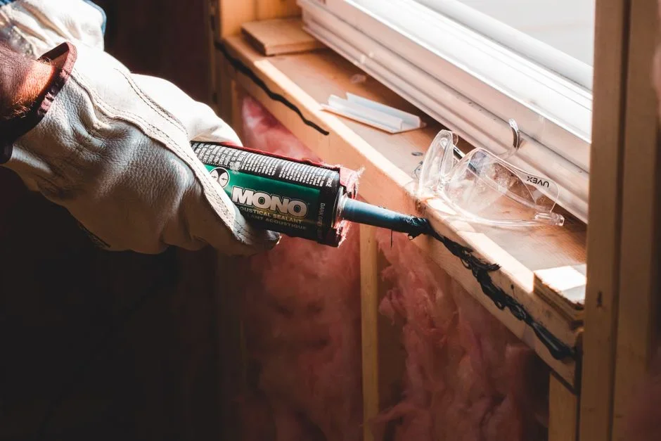 Person using a caulk gun to seal a gap where a water pipe enters the wall under a kitchen sink