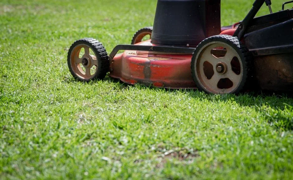 Mulching lawn mower cutting green grass with fine clippings scattering back down onto the lawn behind it