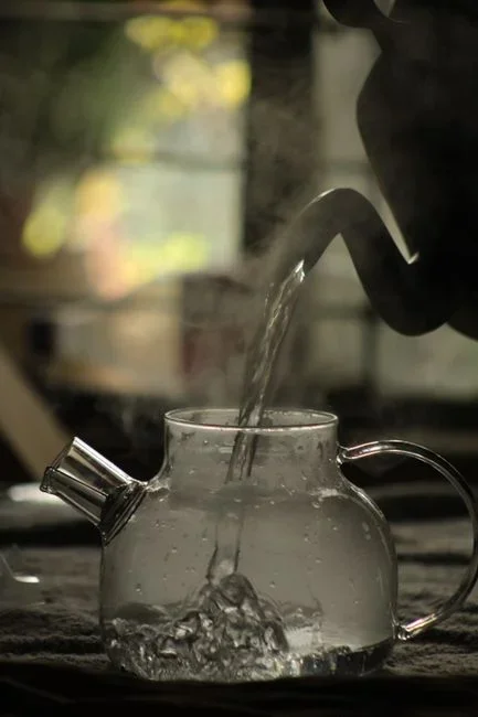 person pouring boiling water from a kettle onto weeds growing between brick patio pavers
