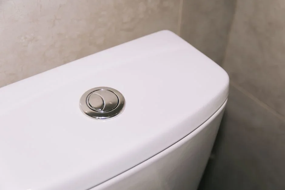 Open toilet tank interior showing the fill valve float and overflow tube with the water level marked below the top rim