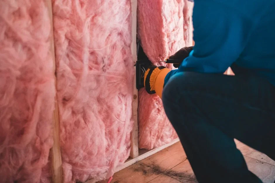Disconnected silver flexible exhaust duct lying loose on fiberglass attic insulation next to roof rafters, flashlight beam on it
