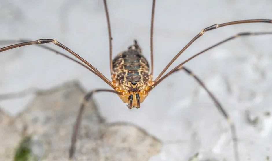 Close-up of a tan humpbacked camel cricket with long spider-like legs on a concrete basement floor