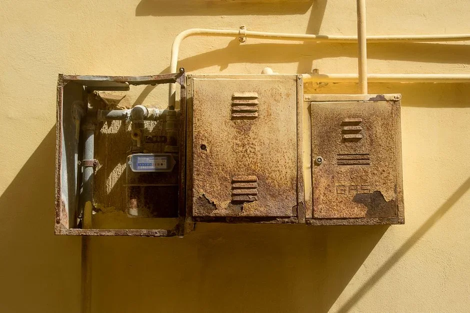 Close-up of an outdoor electric meter base showing dark scorch discoloration and heat damage around the socket on a house exterior wall