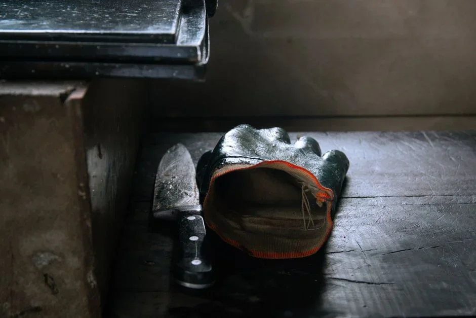 Bag of hydrated lime on a workbench beside sealed safety goggles and heavy rubber gloves, warning label visible