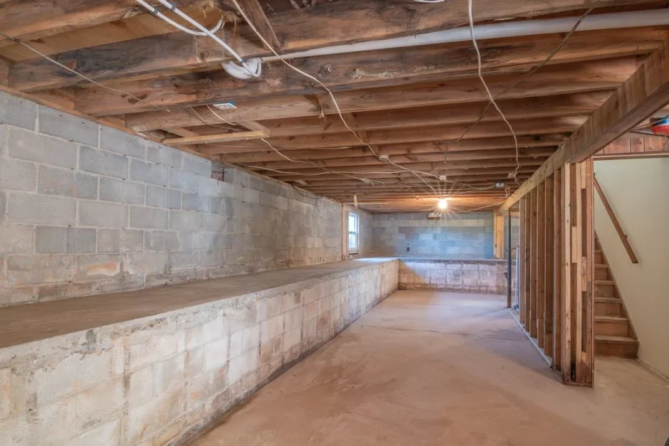 White chalky efflorescence tide mark across a damp gray concrete block basement wall above the floor