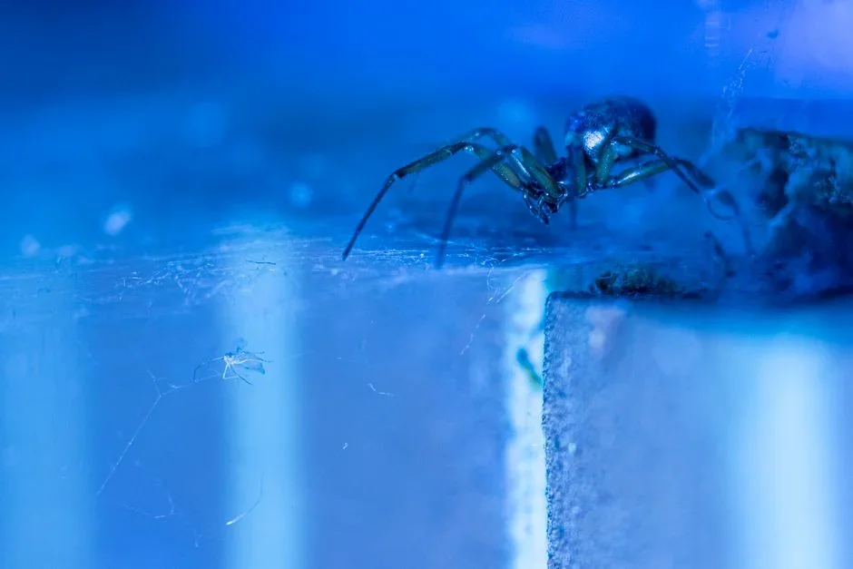 Black widow spider hanging upside down in a garage corner web showing the red hourglass on its underside