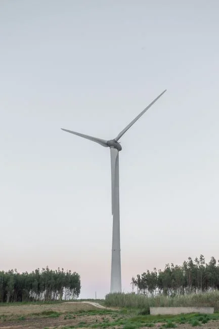 Small residential horizontal-axis wind turbine on a tall guyed lattice tower in an open rural field at dusk