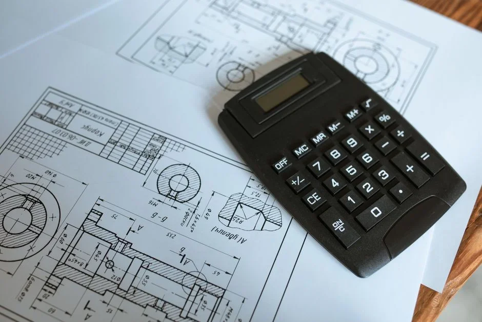 Close-up of a small wind turbine spec sheet and certification label on a workbench beside a calculator and notepad