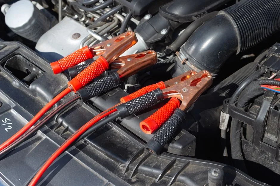 Battery charger clamps connected to a flooded lead-acid car battery sitting on a workbench in an open ventilated garage