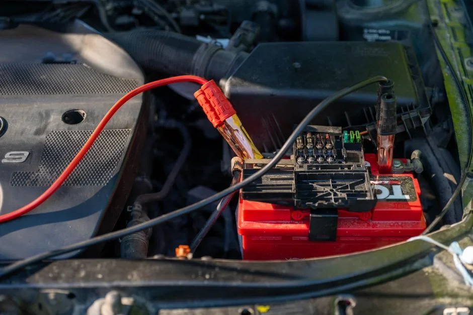 Hands setting an old car battery on an auto parts store counter beside a new boxed battery for a core charge refund