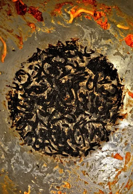 Aluminum roasting pan of soapy water on the floor of a dark room with a desk lamp aimed into it to trap overwintering stink bugs
