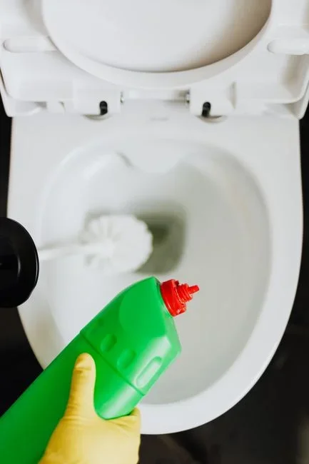 A jug of chlorine bleach and a bottle of acidic toilet bowl cleaner standing side by side on a tiled bathroom floor next to a toilet
