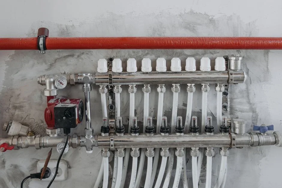 Thermostatic mixing valve installed on copper hot water pipes above a residential water heater tank