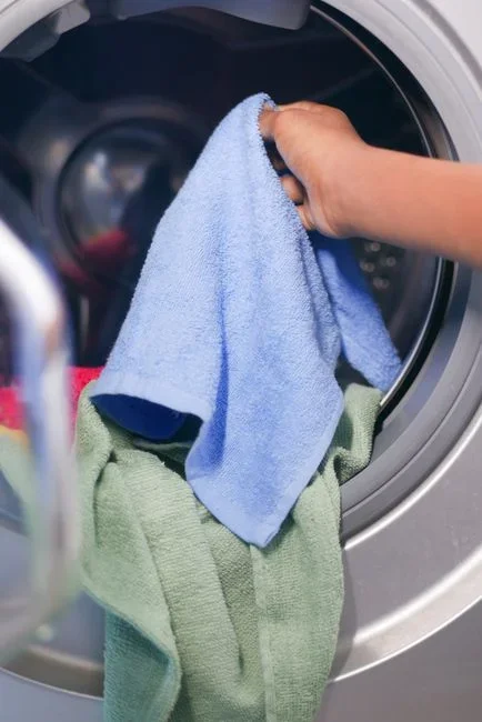 Gloved hand peeling back the inner fold of a front-load washing machine's rubber door gasket, revealing black mildew and gray slime underneath