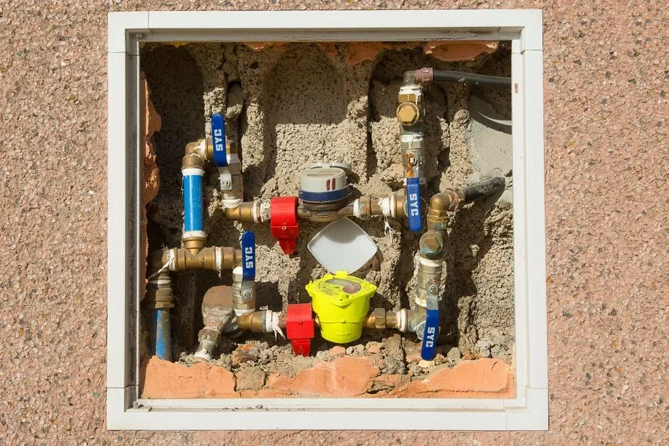 Close-up of a residential water meter face inside an in-ground meter box, showing a small red triangular low-flow leak indicator dial